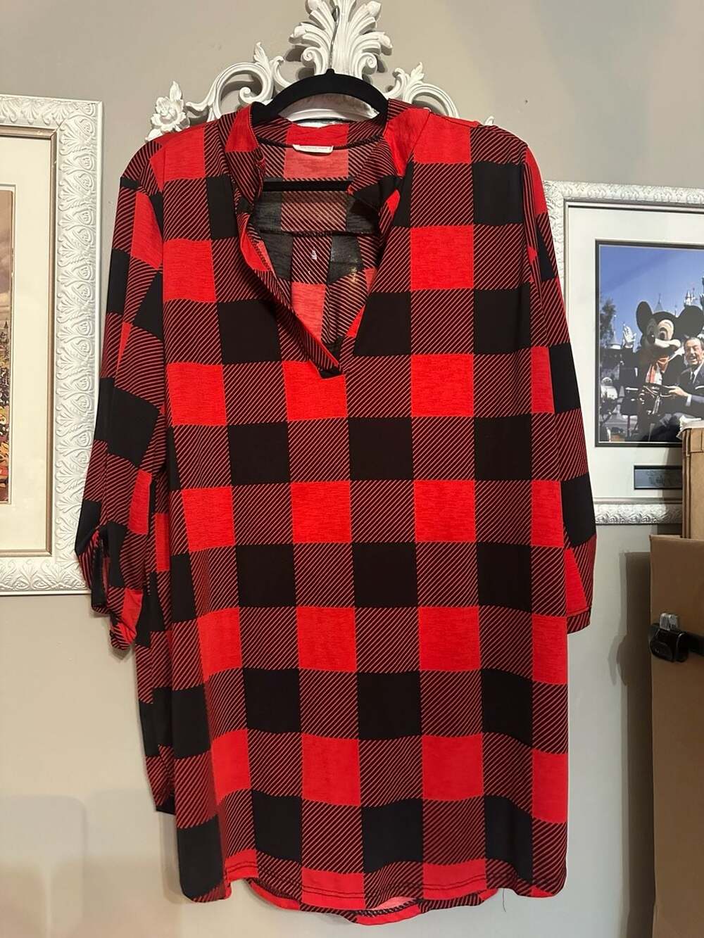 ChicSoul Red and Black Buffalo Plaid Roll-Tab Sleeve V-Neck Tunic Blouse